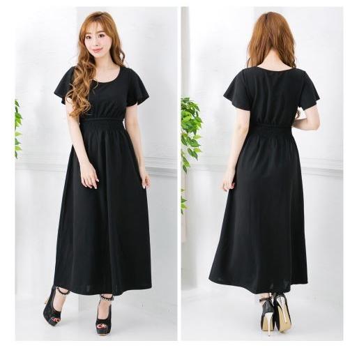 ワンピース マキシワンピ レディース 袖フレア 体型カバー 無地 シンプル　半袖 フレア 送料無料 かわいい ブラック ピンク 得トクセール オープン記念 |  | 02