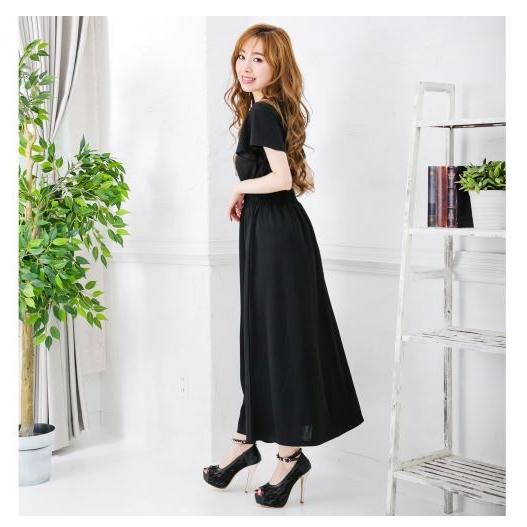 ワンピース マキシワンピ レディース 袖フレア 体型カバー 無地 シンプル　半袖 フレア 送料無料 かわいい ブラック ピンク 得トクセール オープン記念 |  | 04