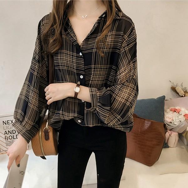 シャツ ブラウス レディース チェックシャツ シフォン テロテロ ベージュ ブラック チェック 透け 送料無料 得トクセール オープン記念 |  | 01