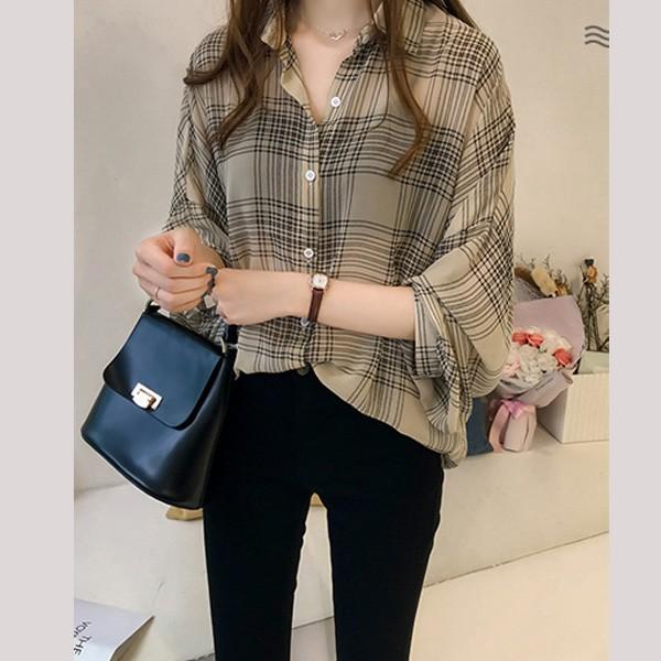 シャツ ブラウス レディース チェックシャツ シフォン テロテロ ベージュ ブラック チェック 透け 送料無料 得トクセール オープン記念 |  | 02