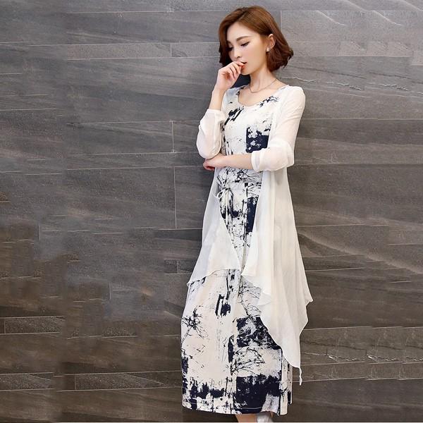 ワンピース ロングワンピース カーディガン セット レディース ノースリーブ 二点セット 柄 袖なし 長袖 ブラック ネイビー リゾート 送料無料 得トクセール |  | 01