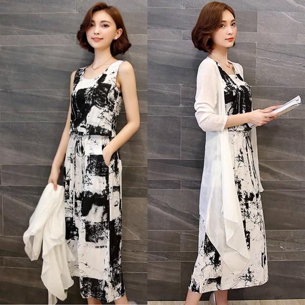 ワンピース ロングワンピース カーディガン セット レディース ノースリーブ 二点セット 柄 袖なし 長袖 ブラック ネイビー リゾート 送料無料 得トクセール |  | 07