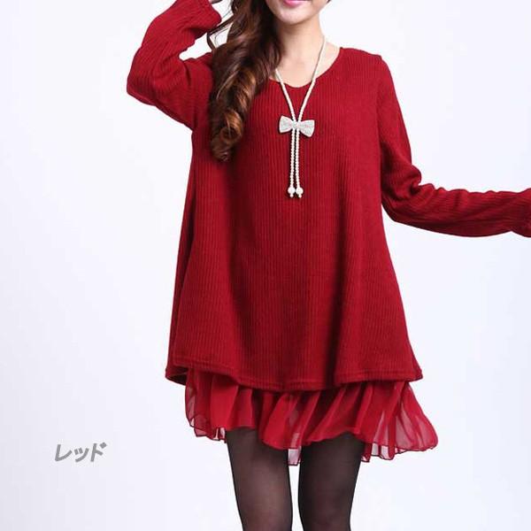 チュニック ワンピース レディース シフォン トップス リボン フリル 異素材 リブ編み ガーリー かわいい 重ね着風 送料無料 得トクセール オープン記念 |  | 04