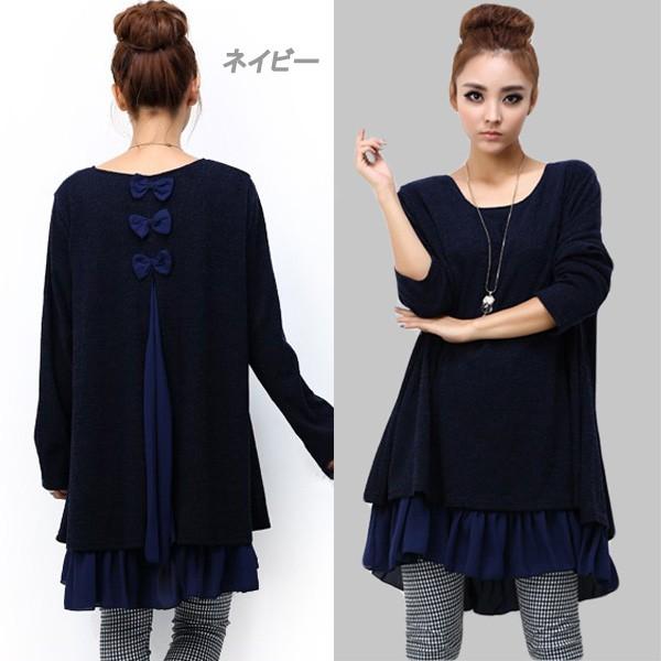 チュニック ワンピース レディース シフォン トップス リボン フリル 異素材 リブ編み ガーリー かわいい 重ね着風 送料無料 得トクセール オープン記念 |  | 06