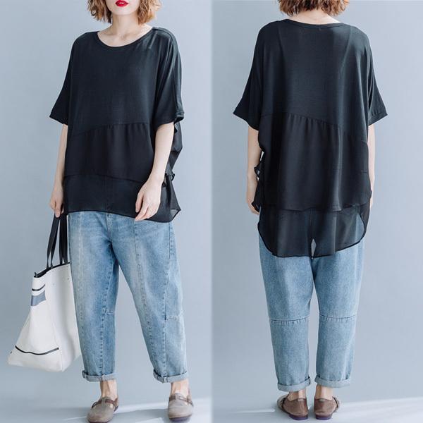 ドルマントップス カットソー 異素材ミックス バイカラー シフォン シースルー 透け 体型カバー 半袖 レディース 得トクセール オープン記念 送料無料 |  | 07