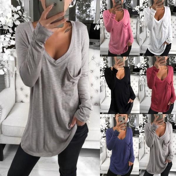 Tシャツ カットソー 長袖 レディース 胸ポケ ゆるT Vネック トップス シンプル 体系カバー ゆったり 送料無料 得トクセール オープン記念 | 