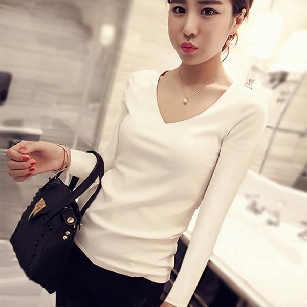 Tシャツ  レディース 長袖 カットソー インナー シンプル 選べる Uネック Vネック ロンT 無地 ホワイト ブラック 送料無料 得トクセール オープン記念 |  | 04