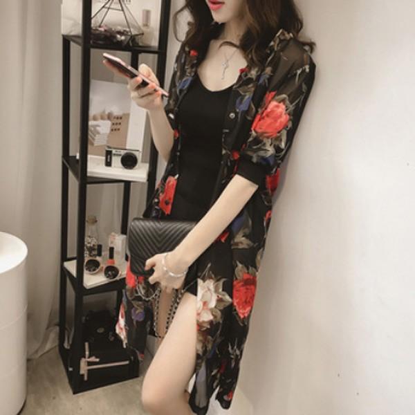 訳あり カーディガン レディース ガウン 透け シフォン ロング 柄 花柄 バラ 体型カバー ローズ  大人 かっこいい アウトレット 送料無料 得トクセール |  | 01