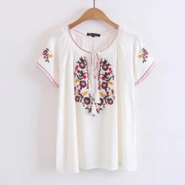 訳あり Tシャツ カットソー 刺繍 ボヘミアン 半袖 レディース |  | 01