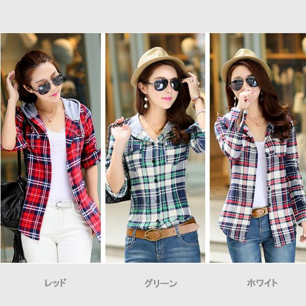訳あり シャツ チェックシャツ レディース フード付き スタイルアップ レッド グリーン ホワイト フードシャツ M L XL 2XL 得トクセール 送料無料 オープン記念 |  | 03