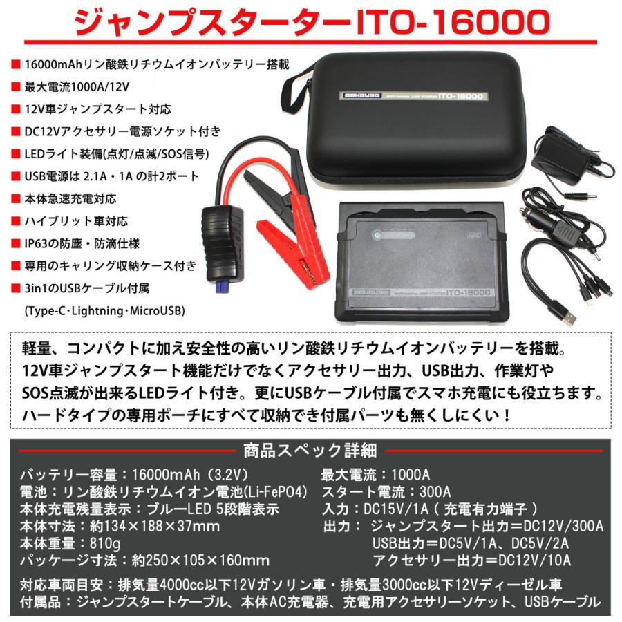 1年保証 コンパクト 軽量 薄型 Li-FePO4 ITO 16000ｍAh リン酸鉄 リチウム イオン マルチ ジャンプスターター 12V専用 L1620 88｜nsk-max｜03