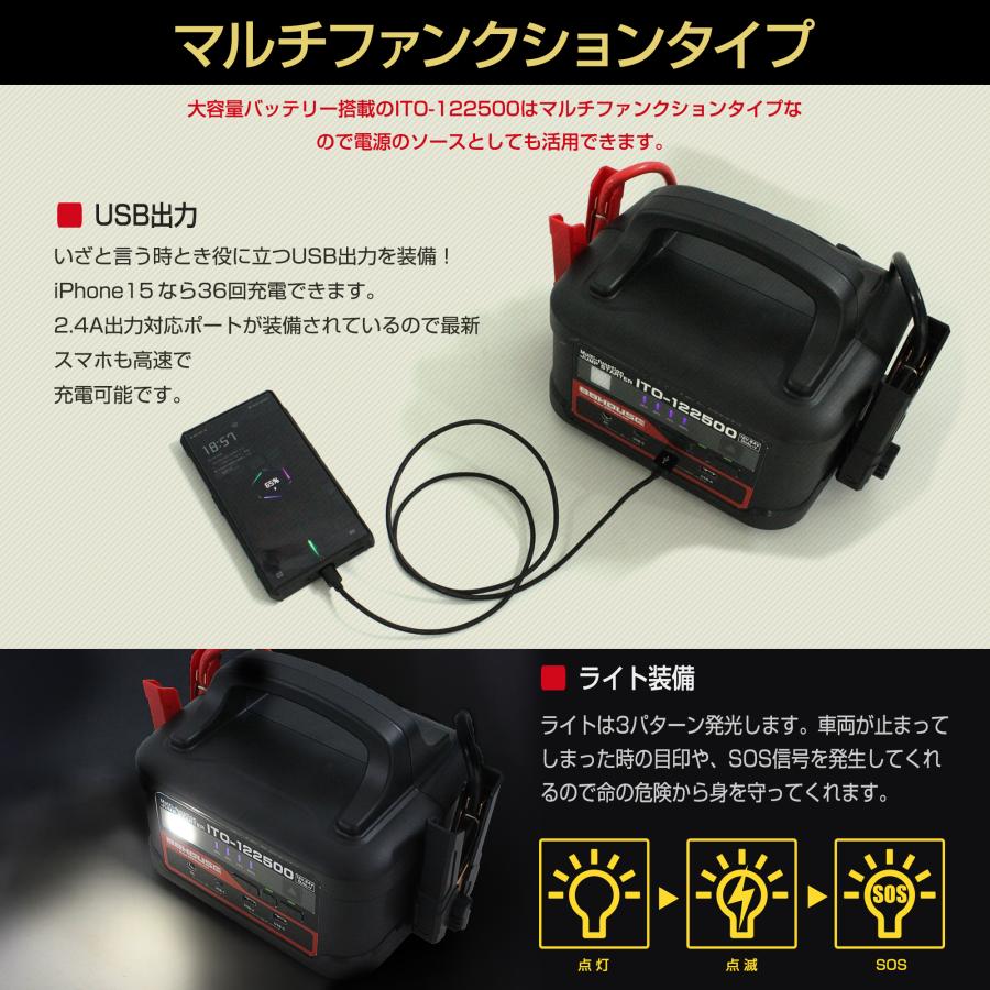 新発売 超大容量 軽量 コンパクト ITO 122500mAh 12V 24V 兼用 三元系 リチウム イオン ジャンプスターター 保護回路 L1656 88 88ハウス｜nsk-max｜06