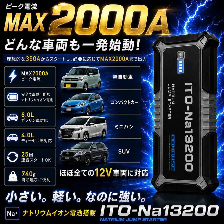 88ハウス 新モデル 13200mAh 2000A ジャンプスターター ITO Na13200