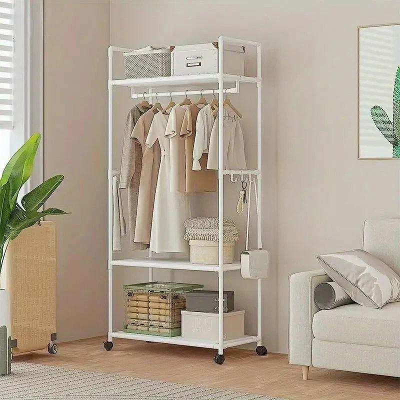 ホワイト木製衣類ハンガー キャスター付き　棚付き ハンガーラック 多機能 衣類収納ラック 収納棚付き キャスター付き 幅