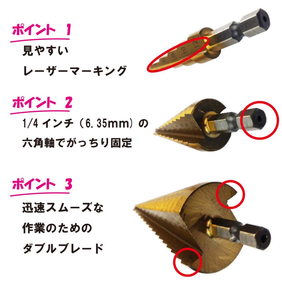 ステップドリル  3本セット 収納袋付き　ドリルビット 刃 ドリル部品 穴あけ ドリル  3-12mm 4-12mm 4-20mm 電動ドリル |  | 04