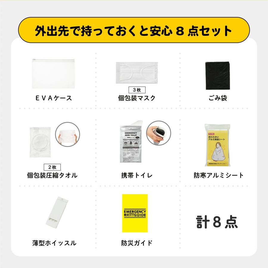 防災衛生8点セット ポーチタイプ クリア | 防災 災害 避難 地震 グッズ ホイッスル 笛 アルミシート トイレ マスク 防災ガイド タオル 携帯 通勤 通学 出張 日常 |  | 04
