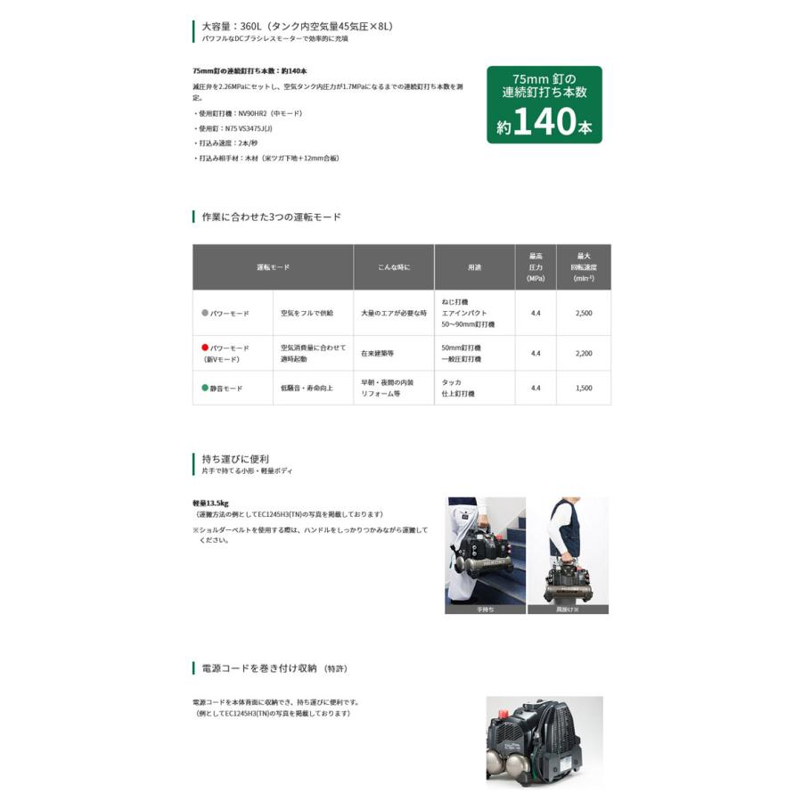 HiKOKI EC1245H3(CN) 釘打機用エアコンプレッサー (一般圧・常圧 HiKOKI EC1245H3(CN) 釘打機用エアコンプレッサー (一般圧・常圧