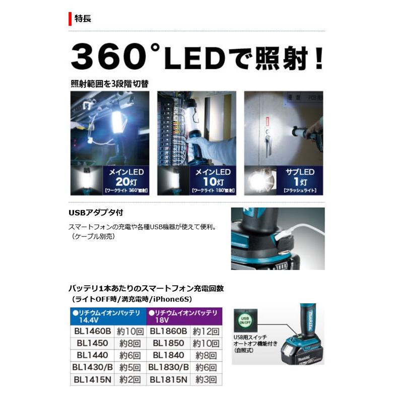 マキタ ML807 充電式LEDワークライト［USBアダプタ機能搭載］14.4V/18V 本体のみ(バッテリ・充電器別売)｜nst｜02