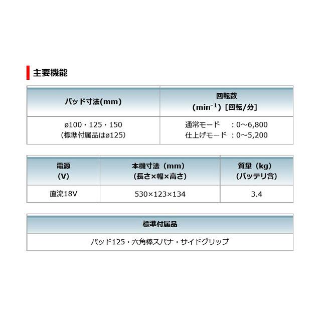 マキタ PO500DRG 充電式ランダムオービットポリッシャ 125mm マキタ PO500DRG 充電式ランダムオービットポリッシャ 125mm