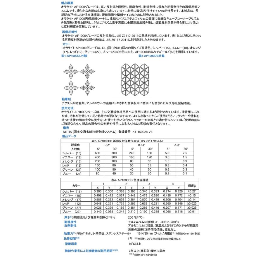 オラライト AP1000(DB) シルバー 762mm×5m 超高輝度反射シート(ホワイト) ORALITEマイクロプリズム型再帰性反射材 看板ポールステッカー 倉庫ガレージ反射材の画像