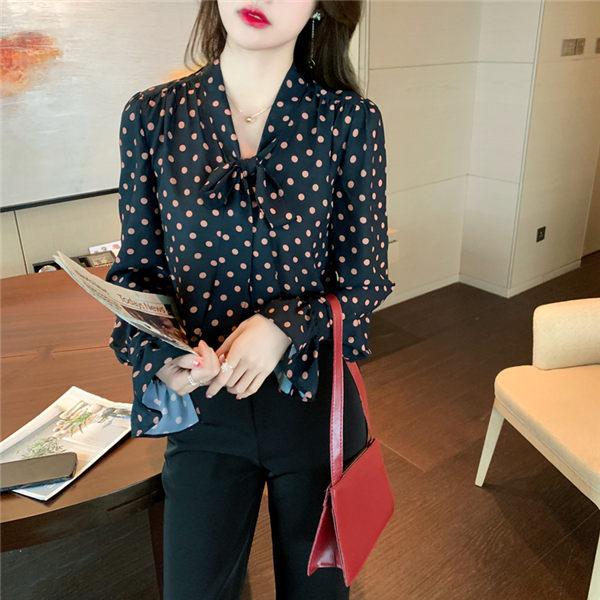 直営限定アウトレット NIMES ♡ドット柄ブラウス♡ 丸えり 濃紺 水玉白
