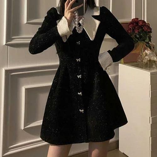 ワンピース ミニワンピース 量産型 地雷型 お嬢様 韓国 原宿系 ゴスロリ ゴシック ロリータ ベルベット 韓国 無地 Vネック 春 秋 冬 長袖 ミニ丈 ショート丈 お 一部予約販売