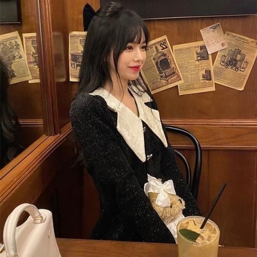 ワンピース ミニワンピース 量産型 地雷型 お嬢様 韓国 原宿系 ゴスロリ ゴシック ロリータ ベルベット 韓国 無地 Vネック 春 秋 冬 長袖 ミニ丈 ショート丈 お 一部予約販売