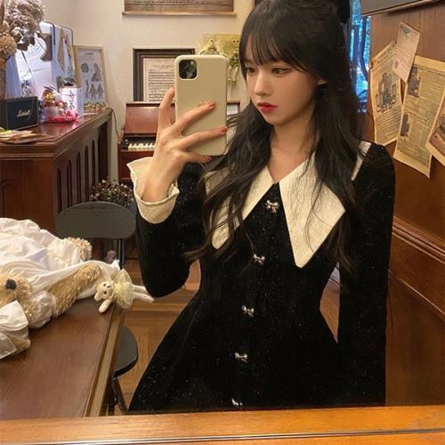 ワンピース ミニワンピース 量産型 地雷型 お嬢様 韓国 原宿系 ゴスロリ ゴシック ロリータ ベルベット 韓国 無地 Vネック 春 秋 冬 長袖 ミニ丈 ショート丈 お 一部予約販売