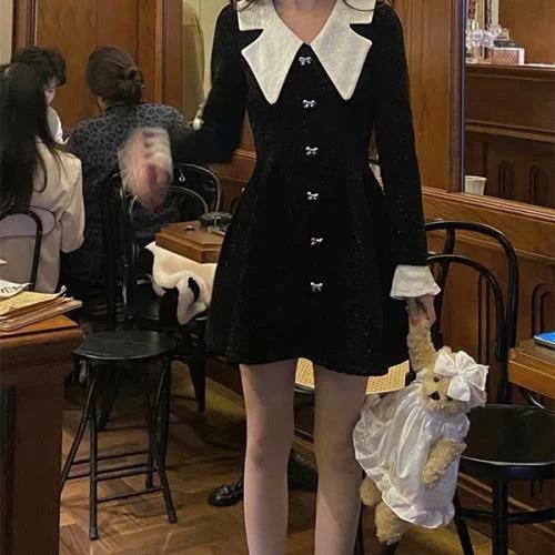 ワンピース ミニワンピース 量産型 地雷型 お嬢様 韓国 原宿系 ゴスロリ ゴシック ロリータ ベルベット 韓国 無地 Vネック 春 秋 冬 長袖 ミニ丈 ショート丈 お 一部予約販売