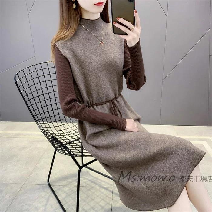 ニットワンピース 40代 オシャレ ニットワンピース 膝丈 秋冬 ニットワンピース 配色 Aラインスカート ニットインナー セーター ゆったり 韓国風 大人 上品 30代 豪華で新しい