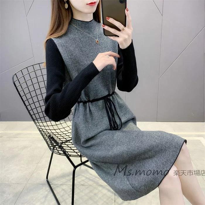ニットワンピース 40代 オシャレ ニットワンピース 膝丈 秋冬 ニットワンピース 配色 Aラインスカート ニットインナー セーター ゆったり 韓国風 大人 上品 30代 豪華で新しい