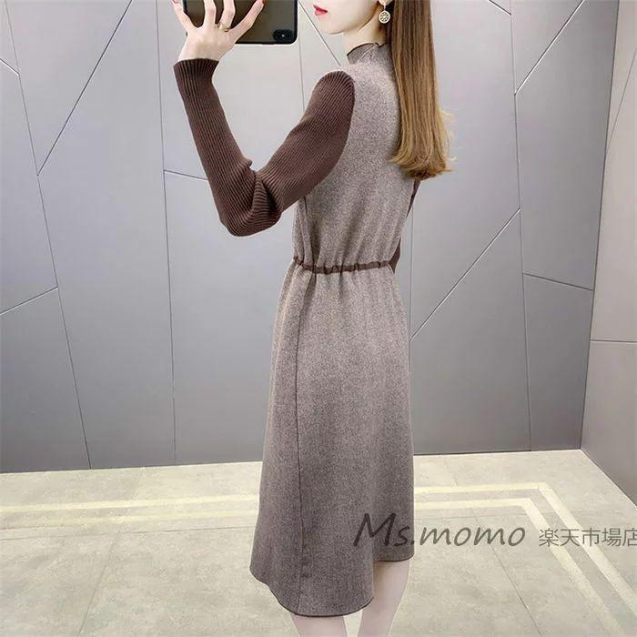 ニットワンピース 40代 オシャレ ニットワンピース 膝丈 秋冬 ニットワンピース 配色 Aラインスカート ニットインナー セーター ゆったり 韓国風 大人 上品 30代 豪華で新しい