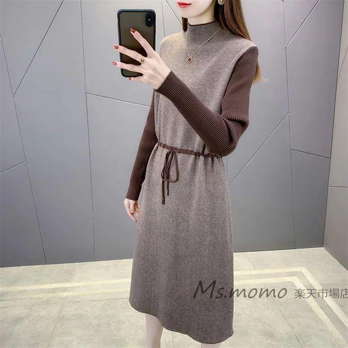 ニットワンピース 40代 オシャレ ニットワンピース 膝丈 秋冬 ニットワンピース 配色 Aラインスカート ニットインナー セーター ゆったり 韓国風 大人 上品 30代 豪華で新しい