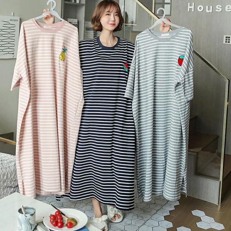 ネグリジェ パジャマ レディース 夏 半袖 可愛い ボーダー 部屋着 寝巻き ロング丈tシャツ ワンピース オシャレ きれいめ ルームウエア ゆったり 3色 いよいよ人気ブランド