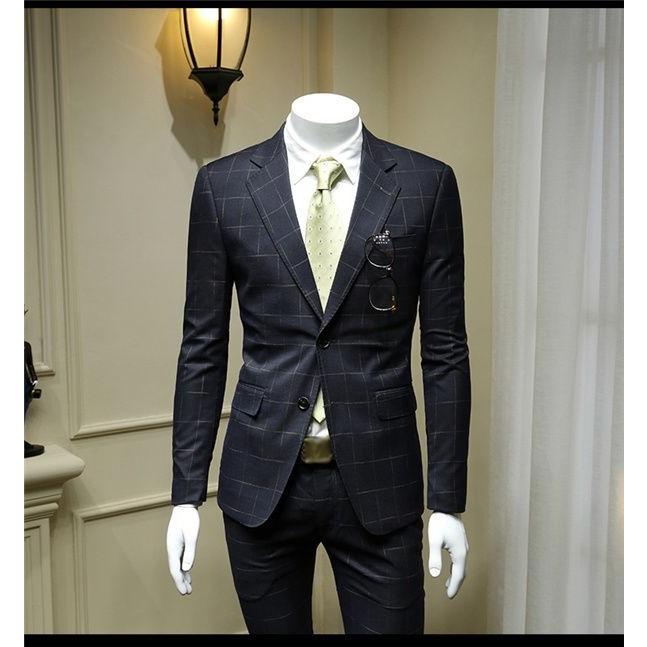 スリーピーススーツ メンズ ビジネスセットアップ スリム チェック柄 ダークブルー 濃い紺 ベス 細身 3点スーツ 紳士服 結婚式 冠婚 面接 薄め ベス 3点スーツ カジュアル 春夏 スリム Ntraditionshops Sunnyprize2219 ほぼ新品 の