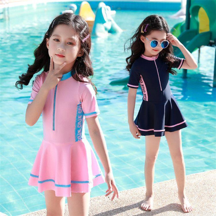 子供 水着 女の子 キッズ ワンピース オールインワン 水泳 2点セット 体型カバー スクール水着 ジュニア 女児 小学生 こども 可愛い 無地 ライン 水 人気激安