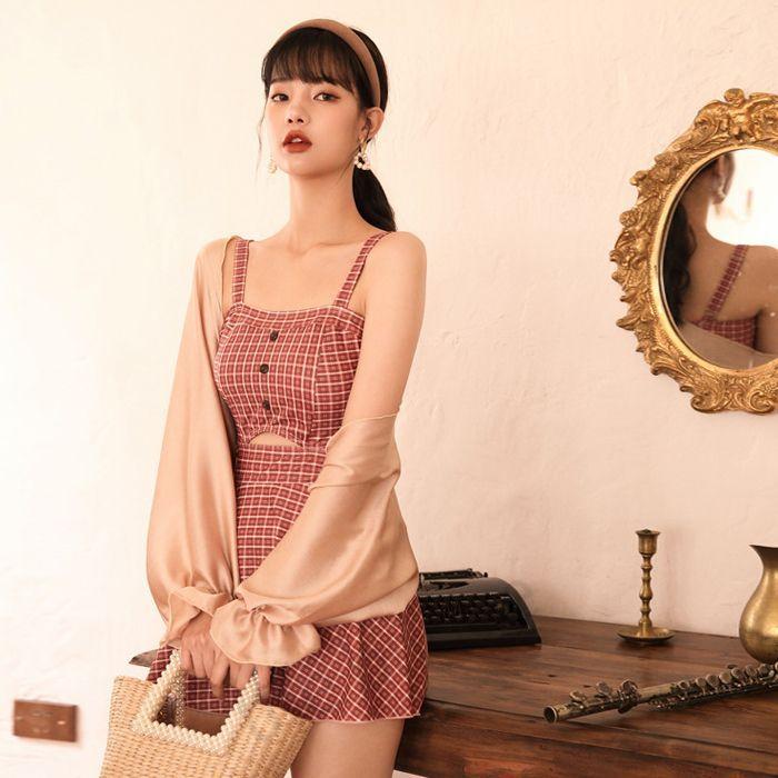水着 ワンピース レディース オールインワン 体型カバー チェック 可愛い 韓国 学生 ママ水着 2点セット はおり ワンピース 小胸 おしゃれ 安全パンツ 贈呈