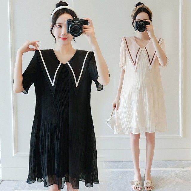 マタニティ ワンピース 結婚式 お呼ばれ ドレス 半袖 袖あり 膝丈 フォーマル 大きいサイズ 3l プリーツ 黒 襟付き ビッグカラー ゆったり 体型カバー きれいめ Sale 10 Off