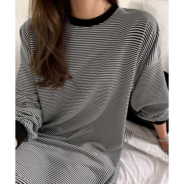 ワンピース 綿 ロング丈 ラウンドネック 長袖 ボーダー ゆったり 体型カバー カジュアル 大人可愛い 秋冬 女子会 ベーシック 税込