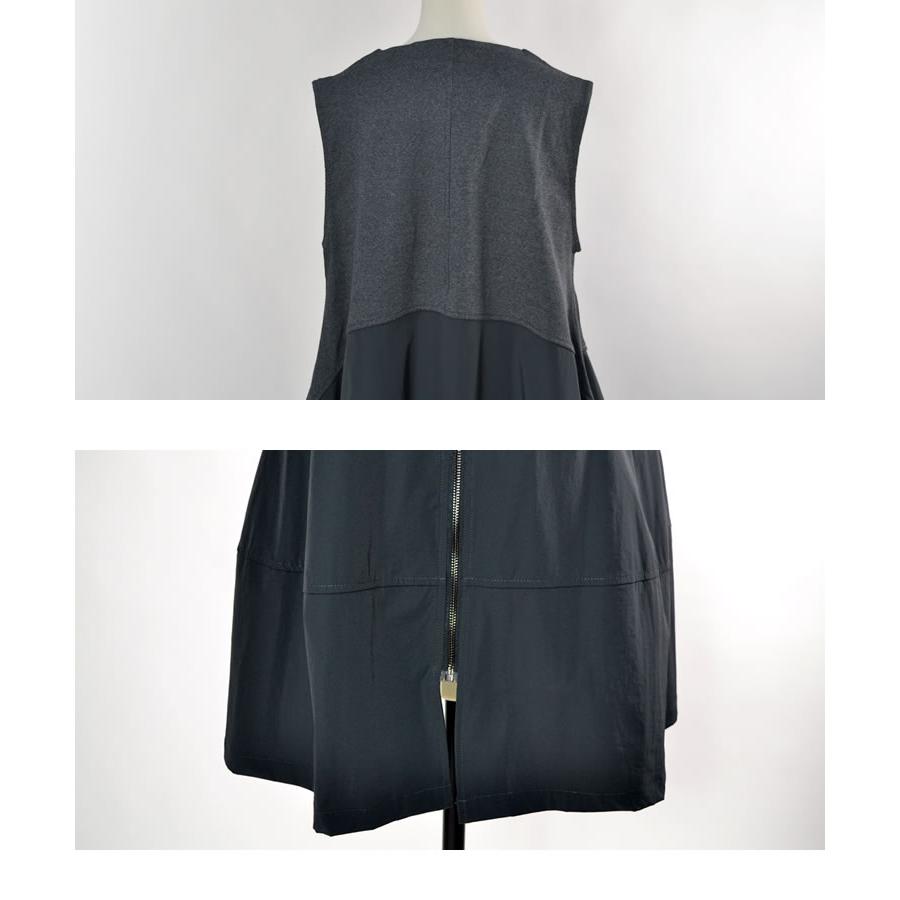 レディース ロング ベスト 異素材 切替 フレア ジレ 羽織 アウター 前