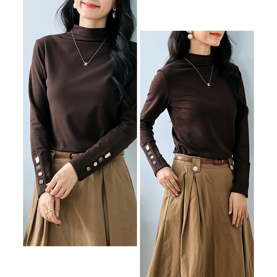 【メール便送料無料】袖釦ボトルネックトップス◆レディース カットソー 長袖 トップス ボトルネック ハイネック ストレッチ 裏起毛 インナー |  | 11