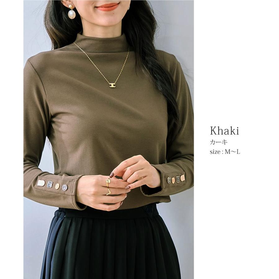 【メール便送料無料】袖釦ボトルネックトップス◆レディース カットソー 長袖 トップス ボトルネック ハイネック ストレッチ 裏起毛 インナー |  | 16