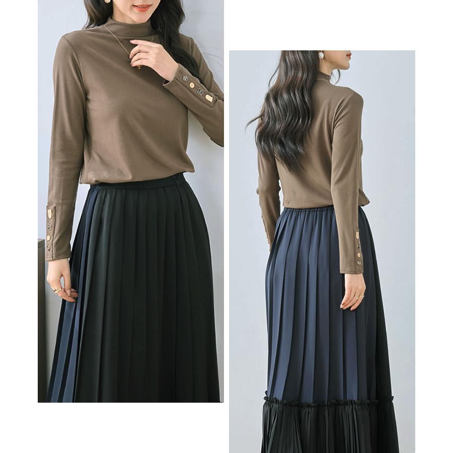 【メール便送料無料】袖釦ボトルネックトップス◆レディース カットソー 長袖 トップス ボトルネック ハイネック ストレッチ 裏起毛 インナー |  | 17