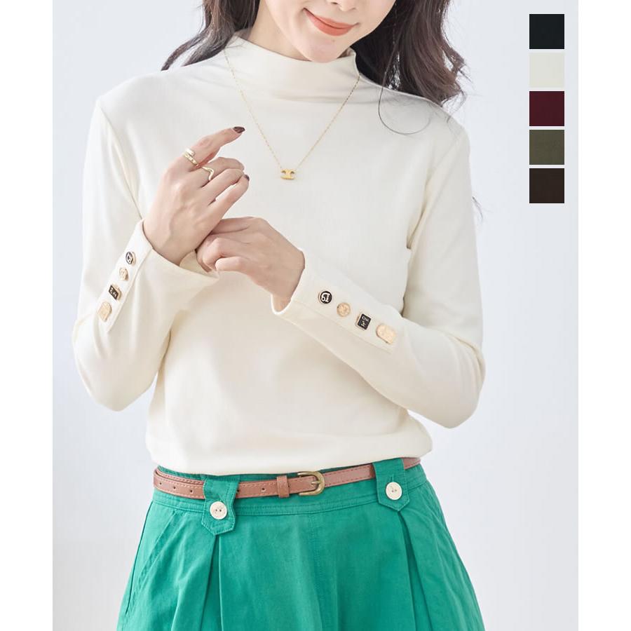 【メール便送料無料】袖釦ボトルネックトップス◆レディース カットソー 長袖 トップス ボトルネック ハイネック ストレッチ 裏起毛 インナー |  | 02