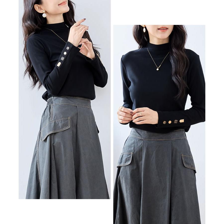 【メール便送料無料】袖釦ボトルネックトップス◆レディース カットソー 長袖 トップス ボトルネック ハイネック ストレッチ 裏起毛 インナー |  | 05