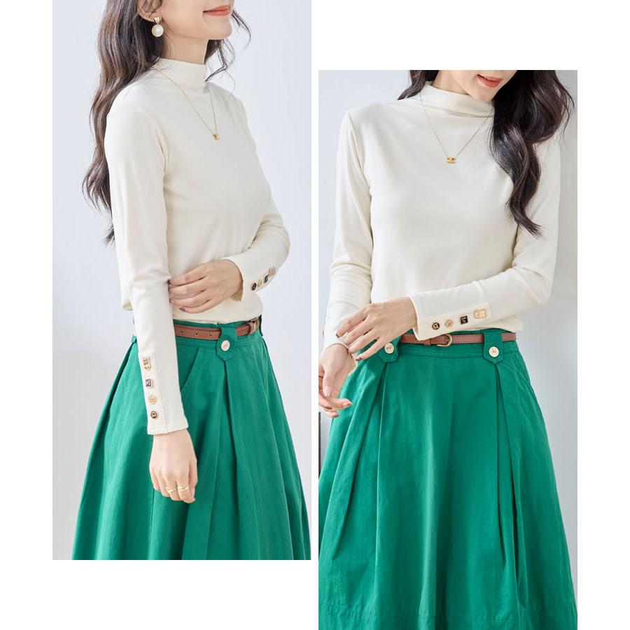 【メール便送料無料】袖釦ボトルネックトップス◆レディース カットソー 長袖 トップス ボトルネック ハイネック ストレッチ 裏起毛 インナー |  | 08