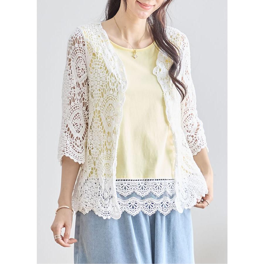 送料無料】コットンレース7分袖カーディガン レディース レース