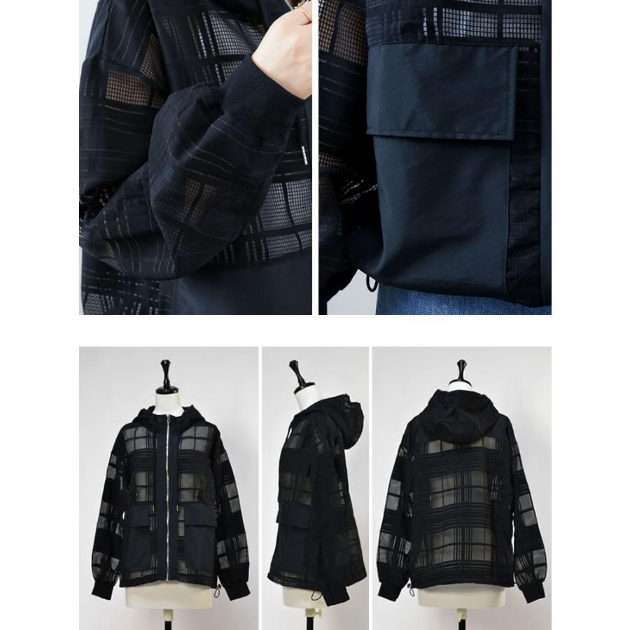 【メール便送料無料】フード付きチェック柄シアーブルゾン◆レディース フード付き ブルゾン カーディガン ジャケット アウター 羽織 上品 長袖 シアー 春 夏◆ |  | 11