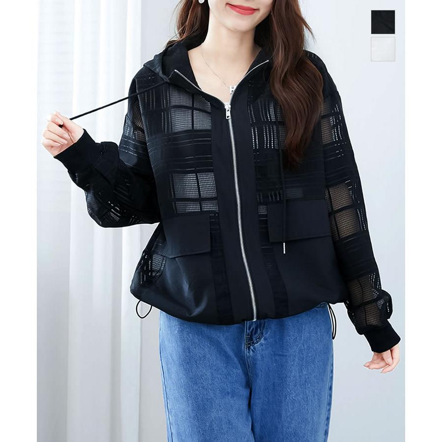 【メール便送料無料】フード付きチェック柄シアーブルゾン◆レディース フード付き ブルゾン カーディガン ジャケット アウター 羽織 上品 長袖 シアー 春 夏◆ |  | 02