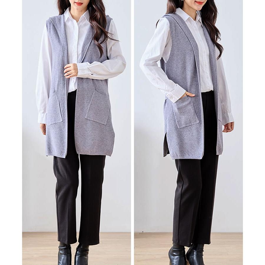 メール便送料無料】フード付きニットロングベスト◇レディース